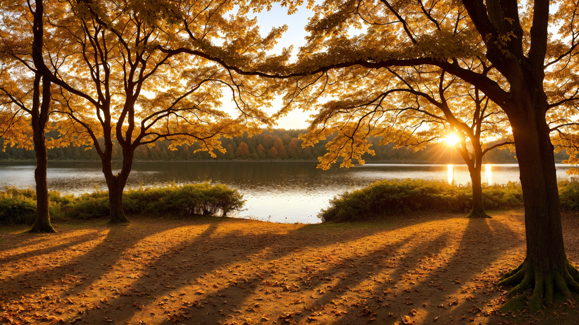 湖边树林铺满了秋天阳光的迷人气息风景图片