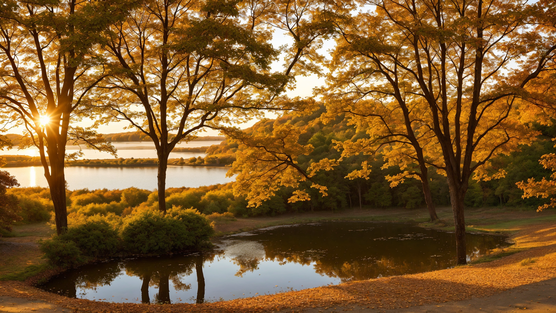 秋天阳光下焕发出湖边树林绝美的魔力风景图片